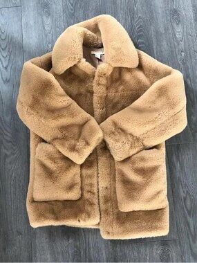 H&M Faux Fur Jacket Tan Brown Oversized Teddy Coat Buttons Pockets Collar Size 0